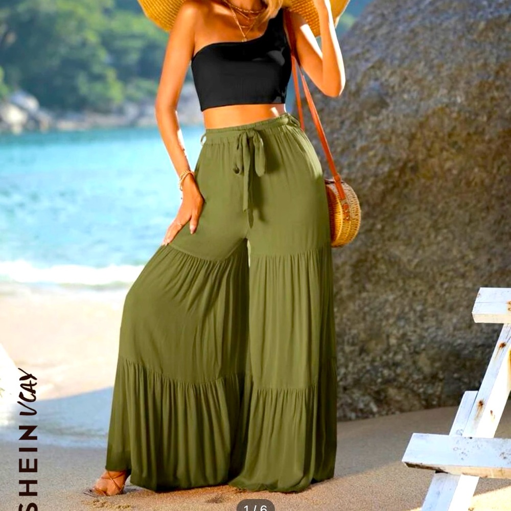 One Shoulder Crop Top & Ruffle Belted Wide Leg Pants